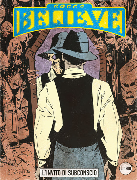 Illustrated comic book cover of Roger seeing a skeletal self reflected in the mirror (circa 1980's) for an adventure in the vain of Dylan Dog and Martin Mystery