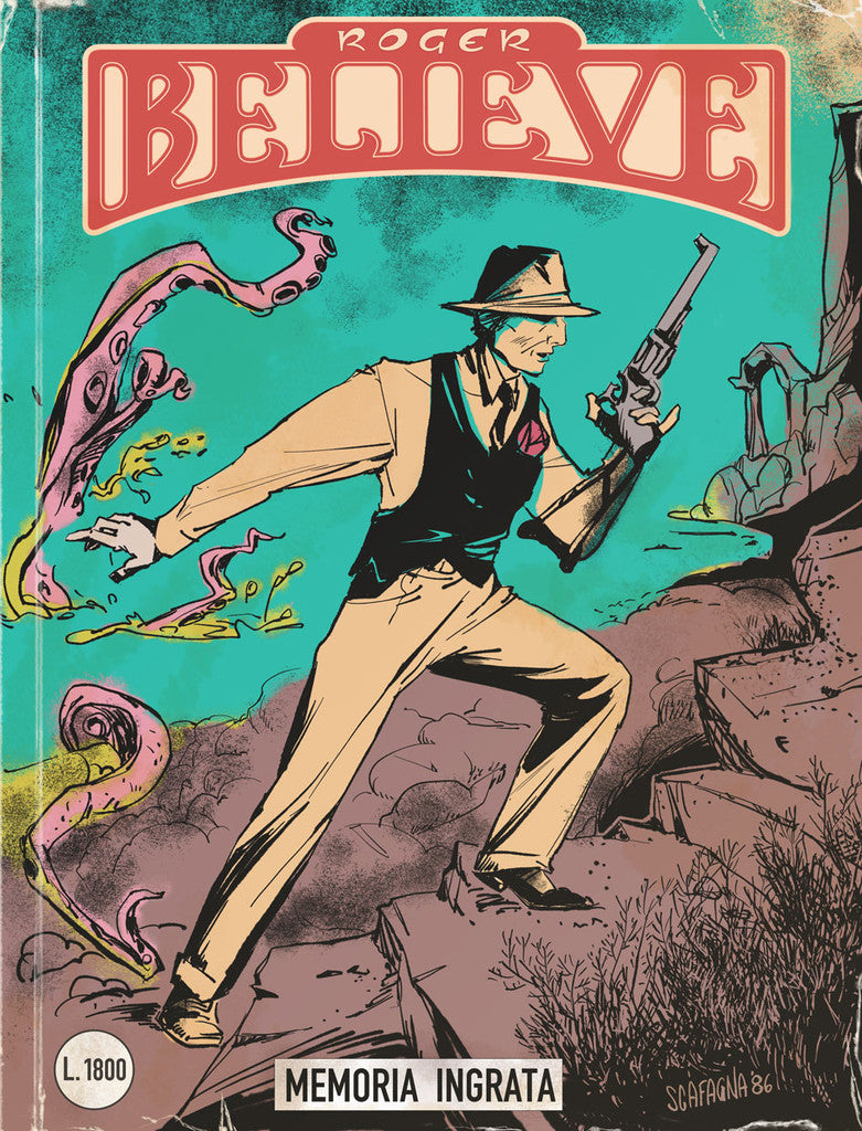 Illustrated comic book cover of Roger with revolver and kraken in background (circa 1980's) for an adventure in the vain of Dylan Dog and Martin Mystery