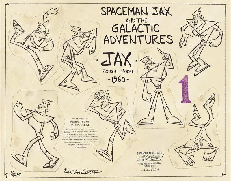 Various poses of Jax, title of model sheet and Pud film studio copyrights stamps