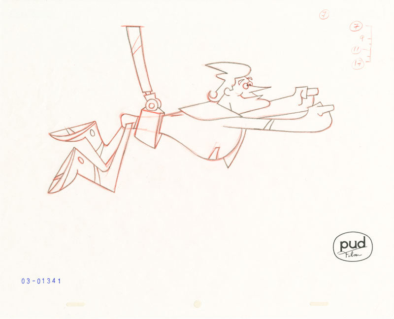  Jim Dewicky - animation production drawing - Jax is held up in superman pose by robot hand