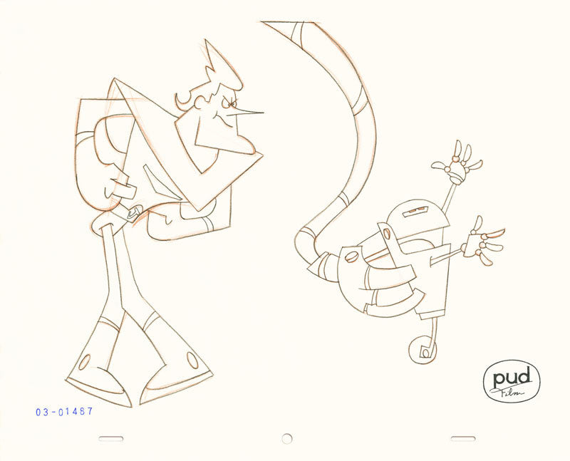  Jim Dewicky - animation production drawing - Robot arm grabs small robot and Jax watches