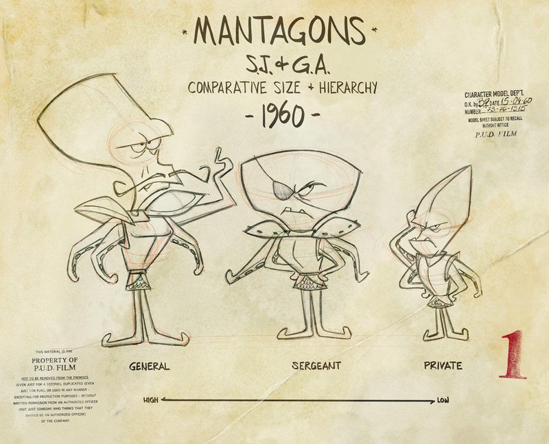 Line-up of various Mantagons types, title of model sheet and Pud film studio copyrights stamps