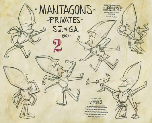 Various poses of mantagons, title of model sheet and Pud film studio copyrights stamps