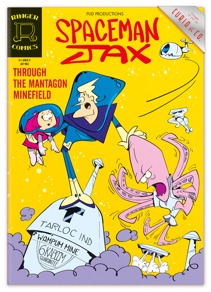 comic book cover - Spaceman Jax - Ringer Comics - Silver Age comic book - issue one - Humor - Retro design - Curio & Co. - www.curioandco.com - Jax, Dekkin and Mantagon on conver 