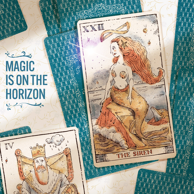 Tarot of Musterberg - Cards on table Emperor and Animated Siren Card face up - Text: Magic Is On The Horizon