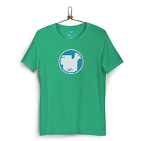 Unisex staple T-shirt green kelly front side, hanging - Cudworth-Hooper chicken logo