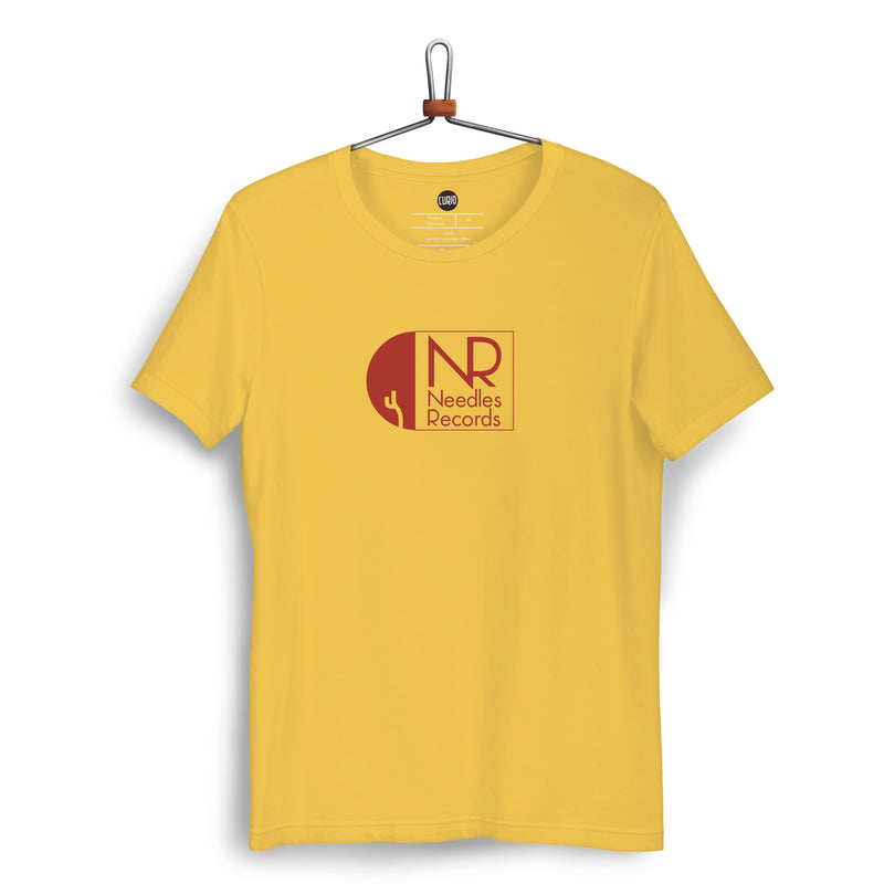 Unisex staple Yellow T-shirt front side, hanging - Needles Records logo