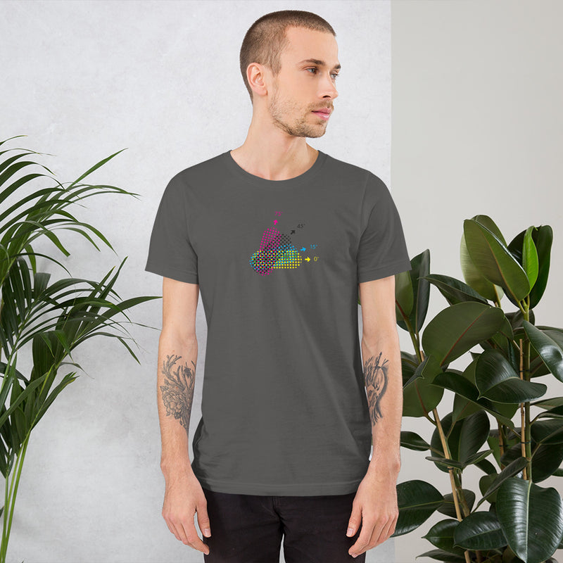 Unisex staple t-shirt asphalt gray front offset print rosetta pattern - 75˚ 45˚ 15˚ 0˚