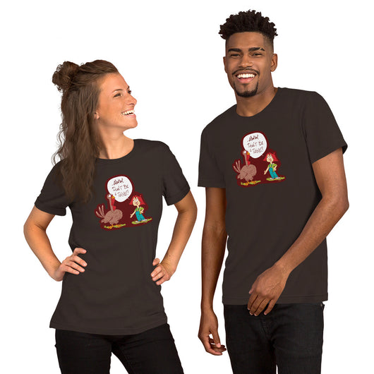 Couple smiling wearing brown Frank & His Friend T-shirt with turkey