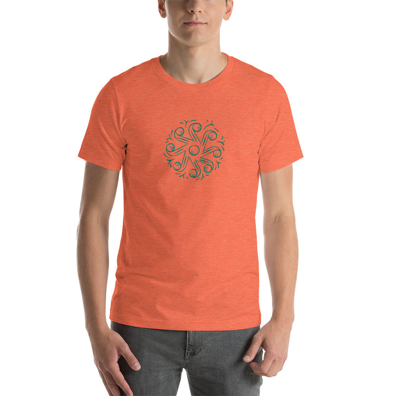 Unisex staple t-shirt heather orange front with Tarot of Musterberg pattern from back of cards 