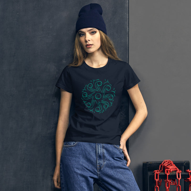Women's fashion fit t-shirt navy front with Tarot of Musterberg pattern from back of cards